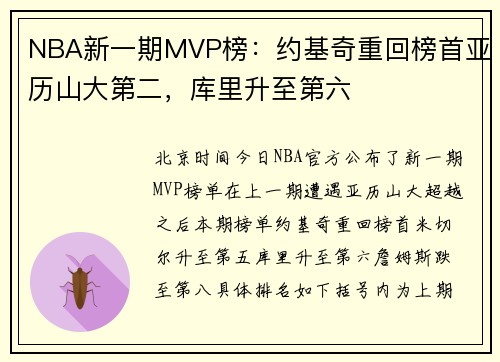 NBA新一期MVP榜：约基奇重回榜首亚历山大第二，库里升至第六