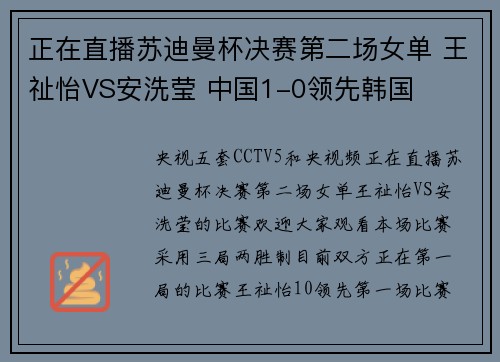 正在直播苏迪曼杯决赛第二场女单 王祉怡VS安洗莹 中国1-0领先韩国